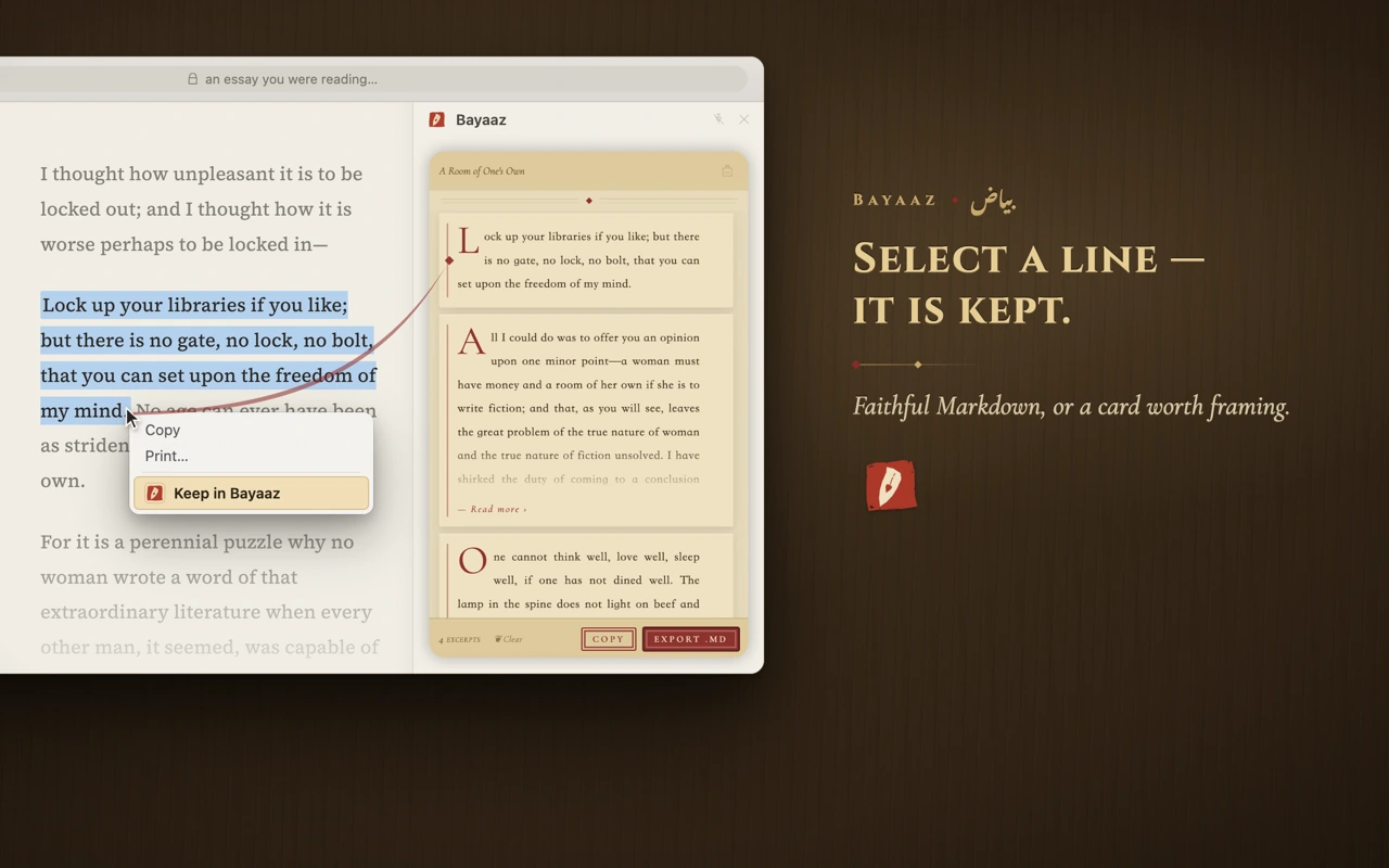 A web page with a passage highlighted. The right-click menu shows a “Keep in Bayaaz” item, and the Bayaaz side panel holds the excerpt on a parchment card.