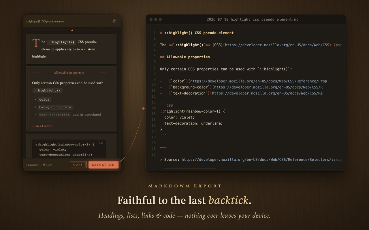The Bayaaz panel beside the exported Markdown file, showing headings, bulleted lists, a fenced CSS code block and a source link preserved exactly.
