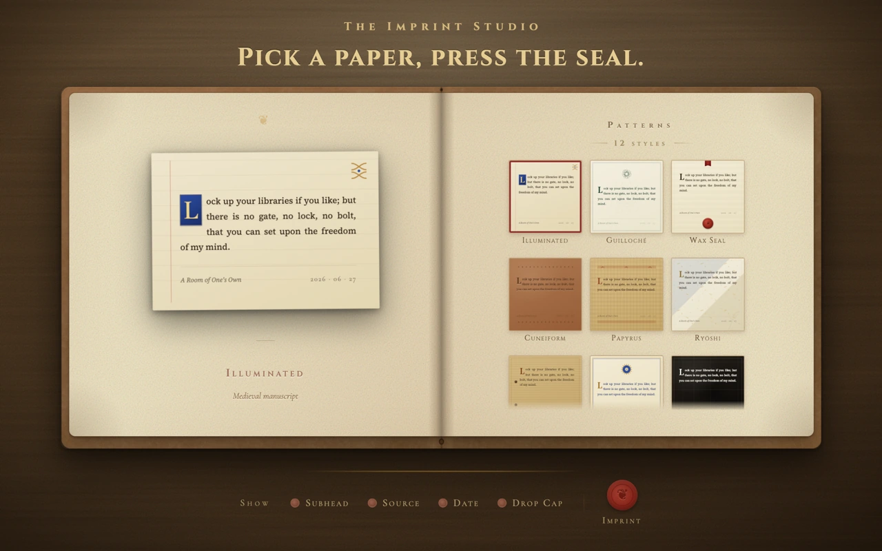 The Imprint Studio, laid out as an open book: a finished card on the left page, twelve paper styles to choose from on the right.